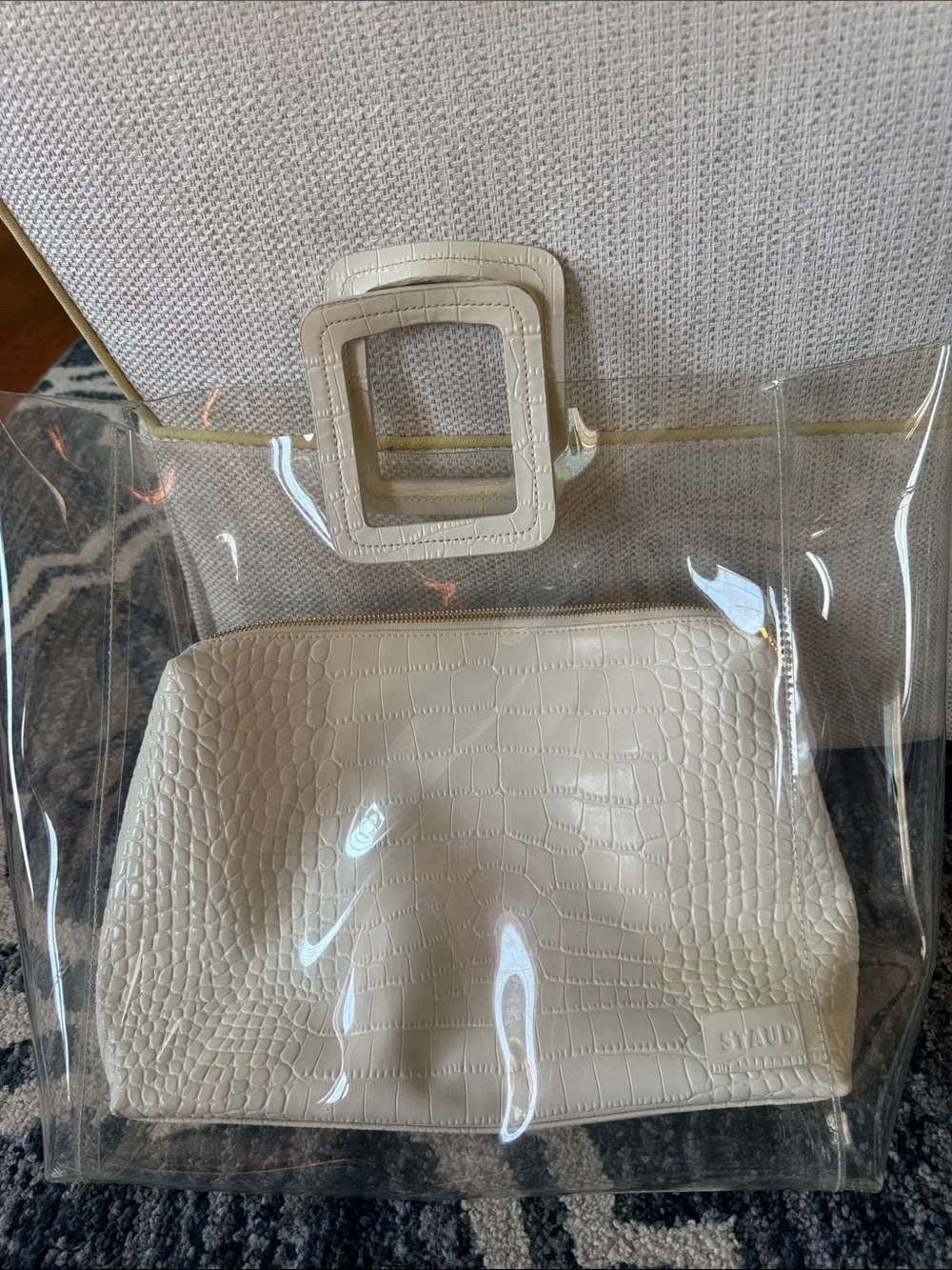 STAUD Cream Croc-Embossed Clear Tote with Pouch